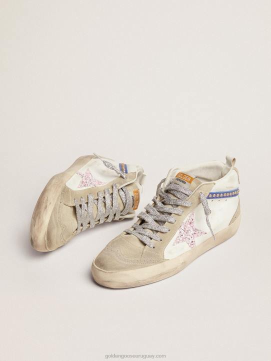 mujer zapatillas mid star ltd con estrella de purpurina blanca y rosa y flash de piel azul con tachuelas doradasGolden Goose 02H677