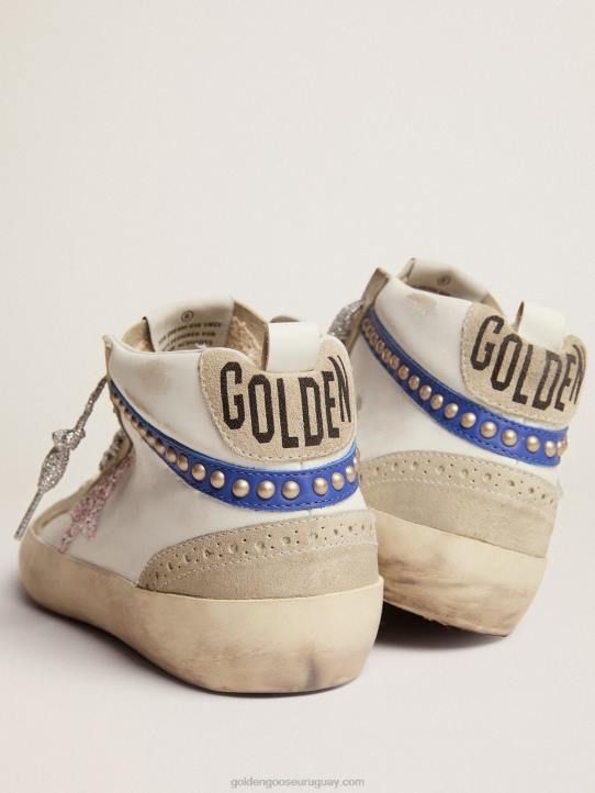 mujer zapatillas mid star ltd con estrella de purpurina blanca y rosa y flash de piel azul con tachuelas doradasGolden Goose 02H677