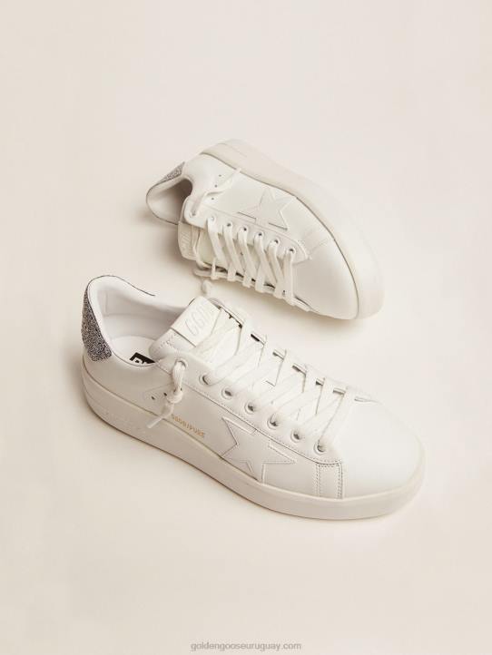 mujer Zapatillas deportivas purestar de piel blanca con refuerzo de cristal Swarovski plateado en el talónGolden Goose 02H6130