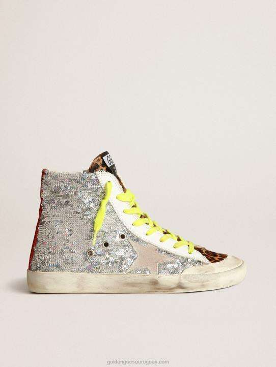 mujer zapatillas francy con lentejuelas plateadas y piel de potro con estampado de leopardoGolden Goose 02H632