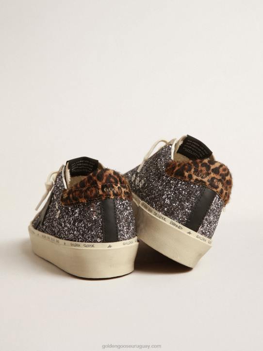 mujer hola estrella en brillo gris oscuro con una estrella de cuero negroGolden Goose 02H6258
