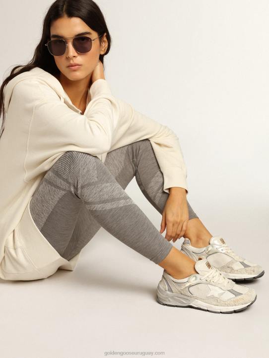 mujer Zapatillas deportivas dad-star de malla blanca y ante con estrella de piel blanca y refuerzo del talón de piel beigeGolden Goose 02H65