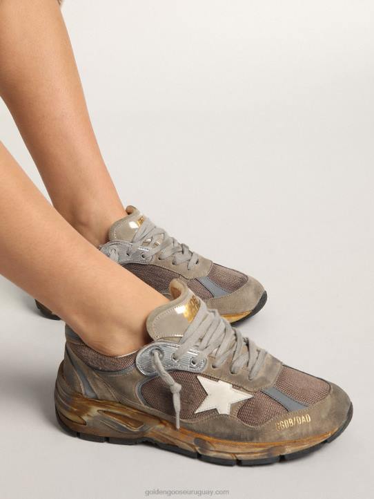 mujer Zapatillas deportivas dad-star de malla y ante gris tórtola con estrella de piel blancaGolden Goose 02H683