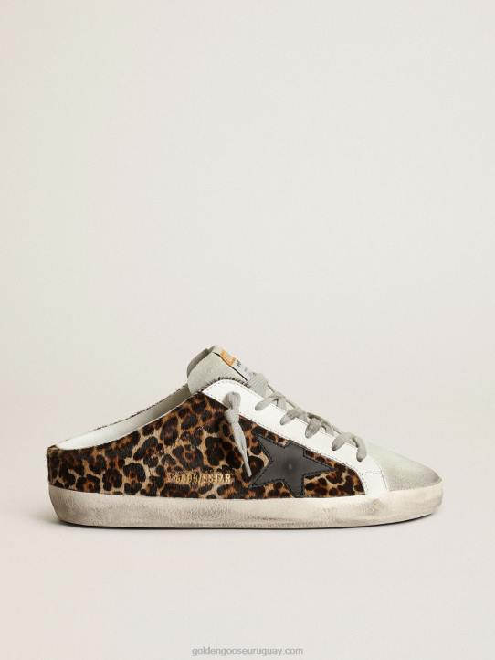 mujer zuecos super-star de piel de potro con estampado de leopardo, estrella de cuero negro y lengüeta de ante gris hieloGolden Goose 02H615