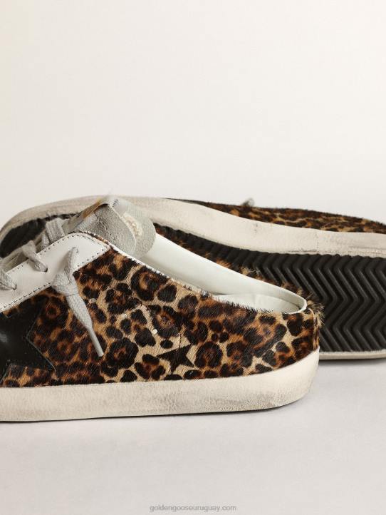 mujer zuecos super-star de piel de potro con estampado de leopardo, estrella de cuero negro y lengüeta de ante gris hieloGolden Goose 02H615