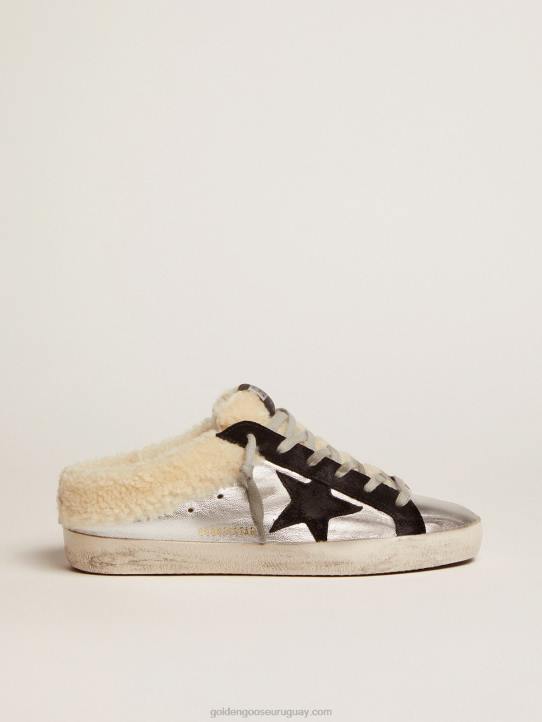 mujer zuecos super-star de piel laminada plateada con estrella de ante negroGolden Goose 02H6121