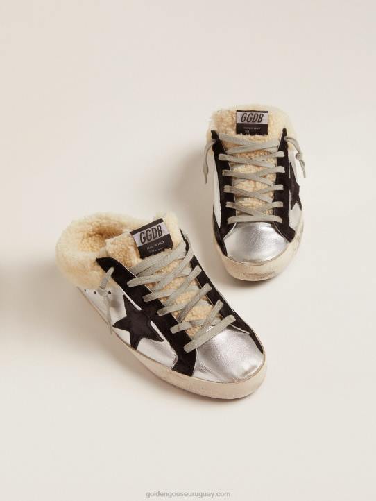 mujer zuecos super-star de piel laminada plateada con estrella de ante negroGolden Goose 02H6121