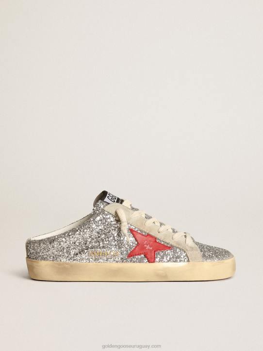 mujer zuecos super-star en purpurina plateada con estrella de piel rojaGolden Goose 02H613