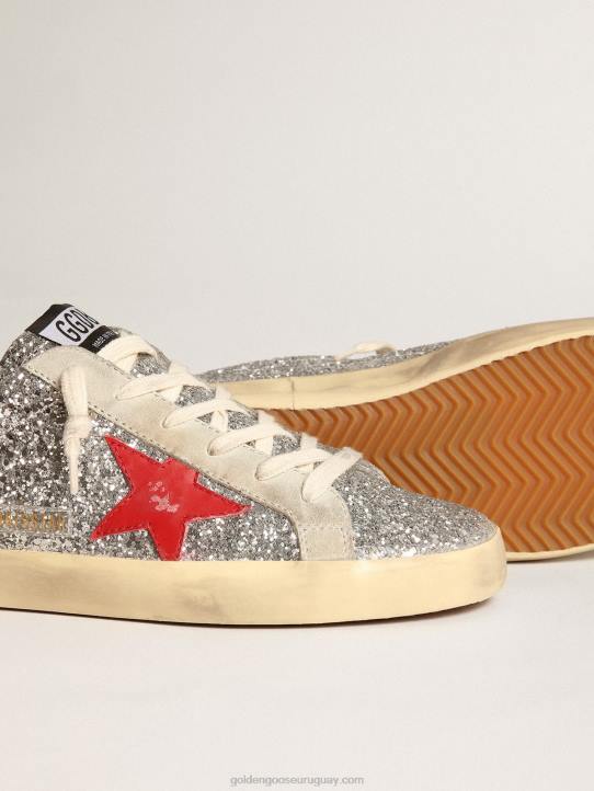 mujer zuecos super-star en purpurina plateada con estrella de piel rojaGolden Goose 02H613