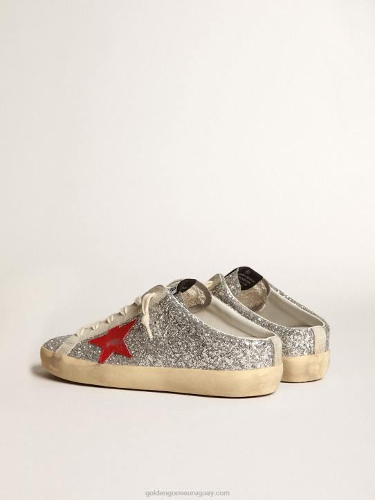 mujer zuecos super-star en purpurina plateada con estrella de piel rojaGolden Goose 02H613
