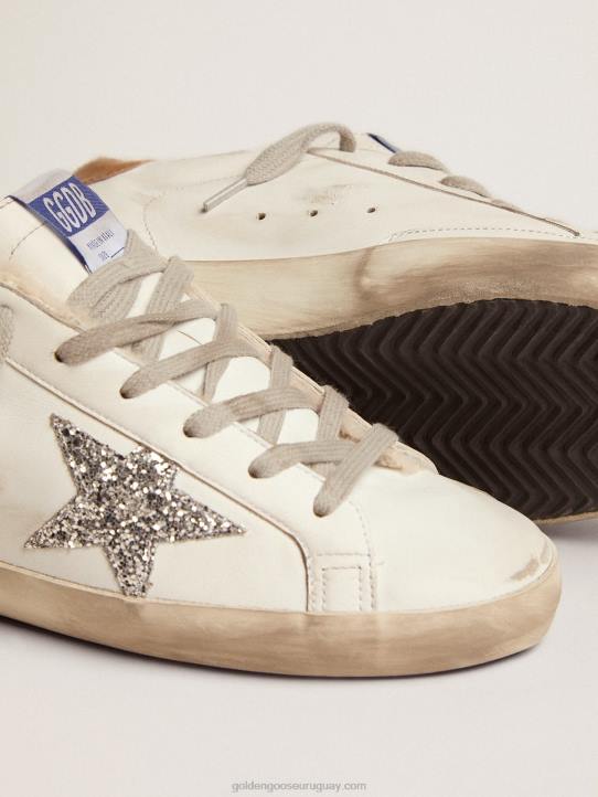 mujer zapatillas deportivas super-star con forro de borrego estrella plateada con purpurina y refuerzo del talón de piel gris tórtola con estampado de lagartosGolden Goose 02H686