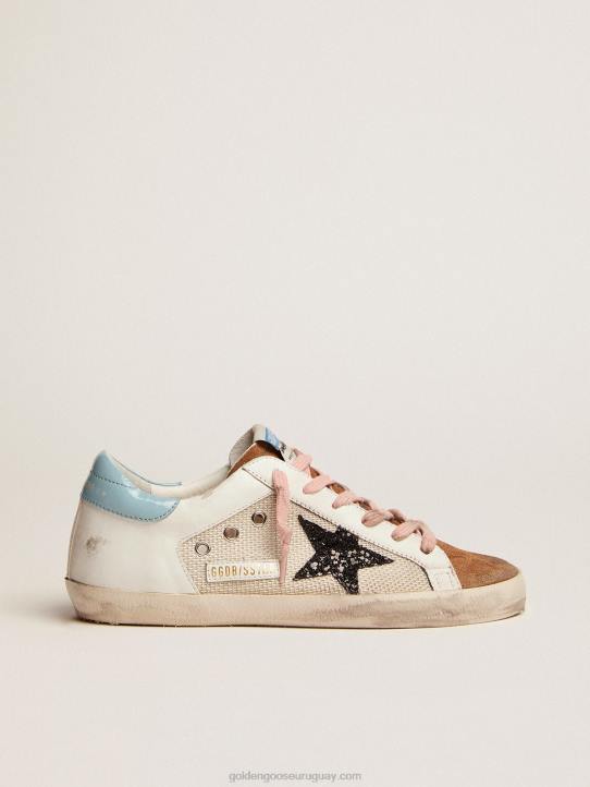 mujer zapatillas deportivas super-star de malla gris claro y piel blanca con estrella de purpurina negraGolden Goose 02H6227
