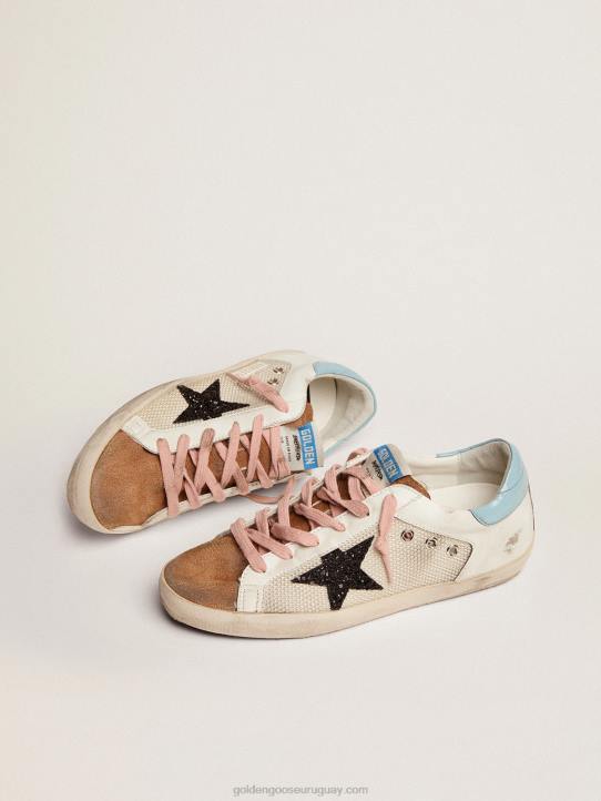 mujer zapatillas deportivas super-star de malla gris claro y piel blanca con estrella de purpurina negraGolden Goose 02H6227