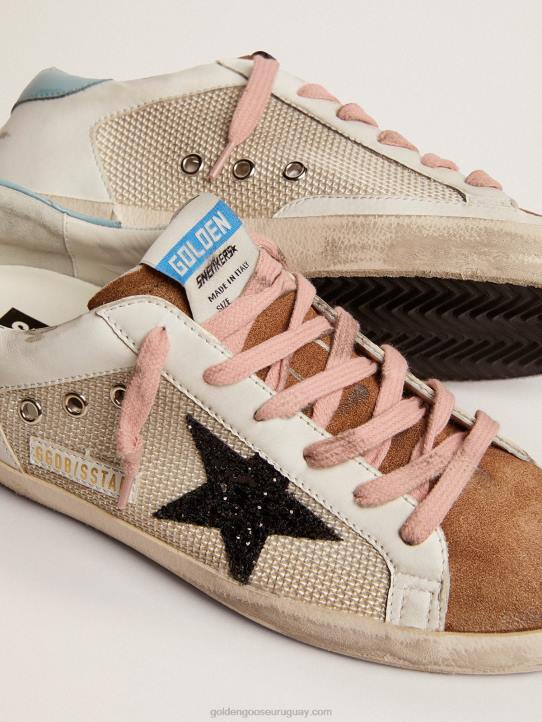 mujer zapatillas deportivas super-star de malla gris claro y piel blanca con estrella de purpurina negraGolden Goose 02H6227