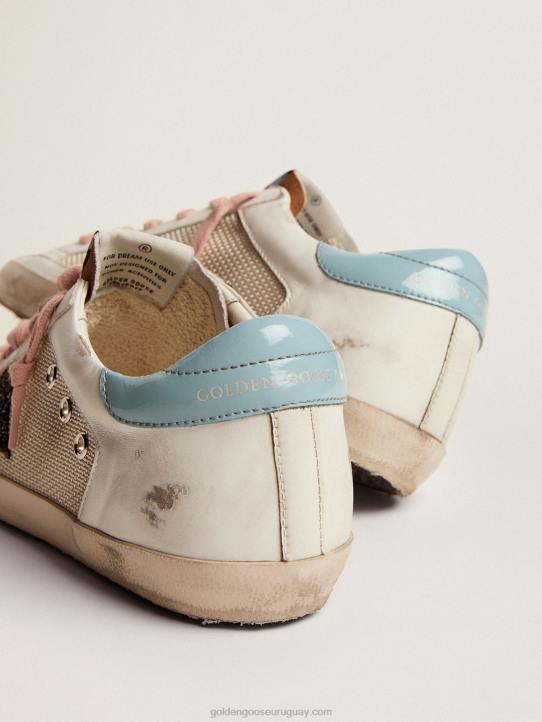 mujer zapatillas deportivas super-star de malla gris claro y piel blanca con estrella de purpurina negraGolden Goose 02H6227
