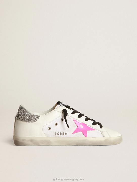 mujer zapatillas deportivas super-star de piel y lona blancas con estrella de piel rosaGolden Goose 02H666
