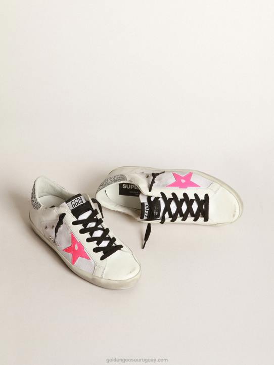 mujer zapatillas deportivas super-star de piel y lona blancas con estrella de piel rosaGolden Goose 02H666