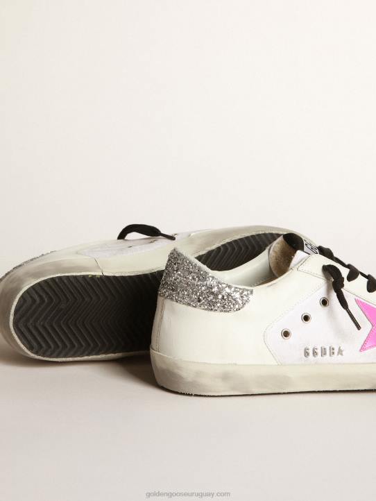 mujer zapatillas deportivas super-star de piel y lona blancas con estrella de piel rosaGolden Goose 02H666