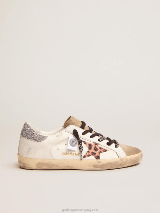 mujer zapatillas super-star con estrella de cristal con estampado de leopardo y refuerzo del talón de cristal plateadoGolden Goose 02H626