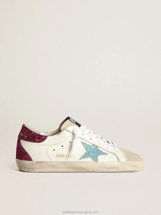 mujer zapatillas super-star con estrella de purpurina azul claro y refuerzo del talón con purpurina moradaGolden Goose 02H6267