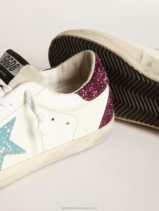 mujer zapatillas super-star con estrella de purpurina azul claro y refuerzo del talón con purpurina moradaGolden Goose 02H6267