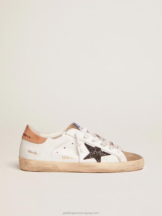 mujer zapatillas super-star con estrella de purpurina negra y refuerzo del talón de piel rosa antiguoGolden Goose 02H6103
