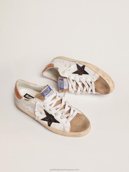 mujer zapatillas super-star con estrella de purpurina negra y refuerzo del talón de piel rosa antiguoGolden Goose 02H6103