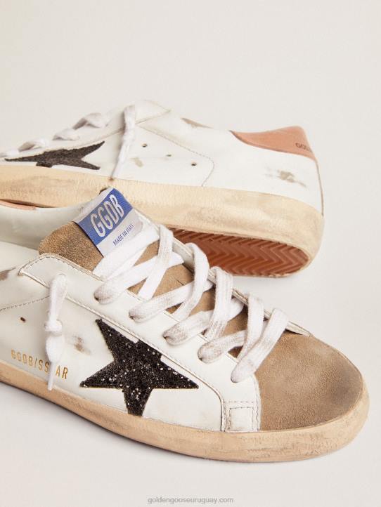 mujer zapatillas super-star con estrella de purpurina negra y refuerzo del talón de piel rosa antiguoGolden Goose 02H6103