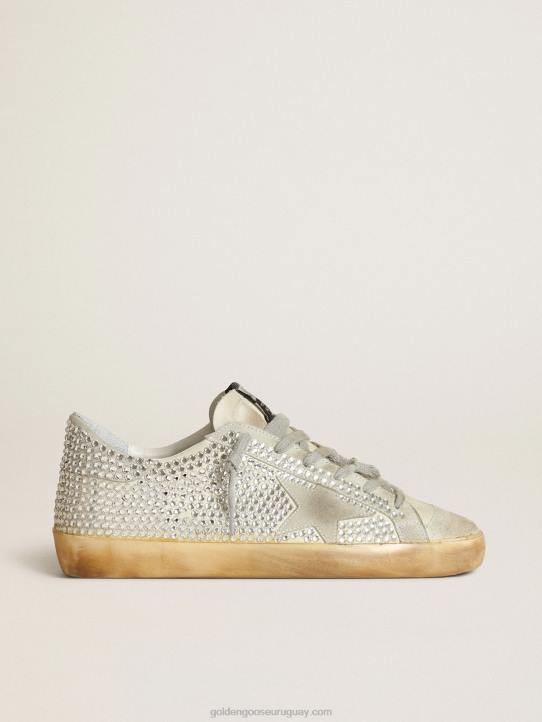 mujer zapatillas super-star de nubuck blanco roto y cristales de swarovski plateados con estrella de ante gris hieloGolden Goose 02H653