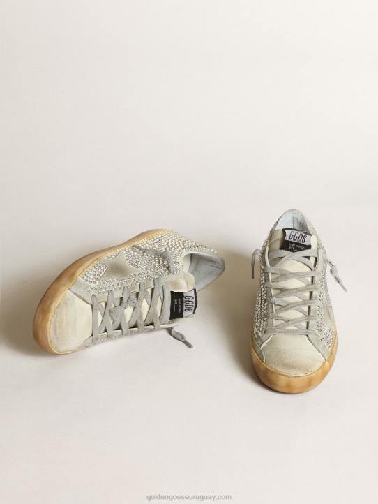 mujer zapatillas super-star de nubuck blanco roto y cristales de swarovski plateados con estrella de ante gris hieloGolden Goose 02H653