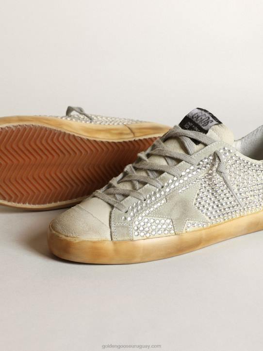 mujer zapatillas super-star de nubuck blanco roto y cristales de swarovski plateados con estrella de ante gris hieloGolden Goose 02H653