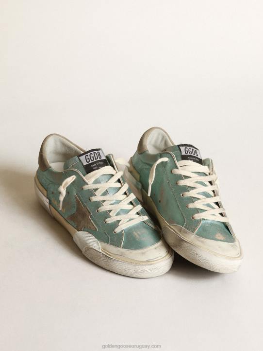mujer zapatillas super-star de piel laminada verde menta con estrella de ante gris hielo y multifoxingGolden Goose 02H648