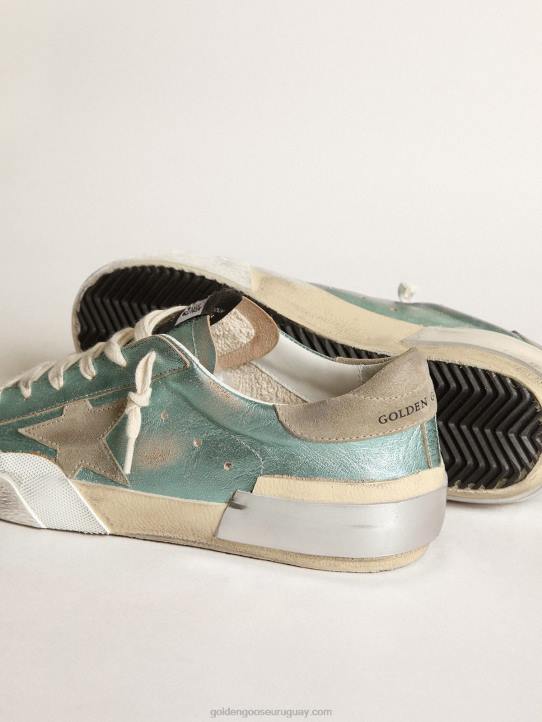mujer zapatillas super-star de piel laminada verde menta con estrella de ante gris hielo y multifoxingGolden Goose 02H648