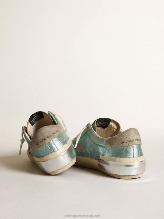 mujer zapatillas super-star de piel laminada verde menta con estrella de ante gris hielo y multifoxingGolden Goose 02H648