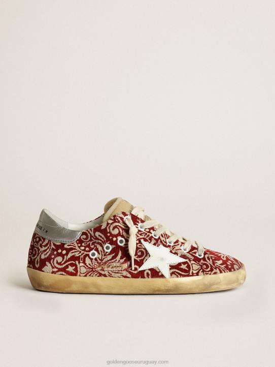 mujer zapatillas super-star de tejido jacquard rojo oscuro y marfil con estrella de piel blancaGolden Goose 02H6270
