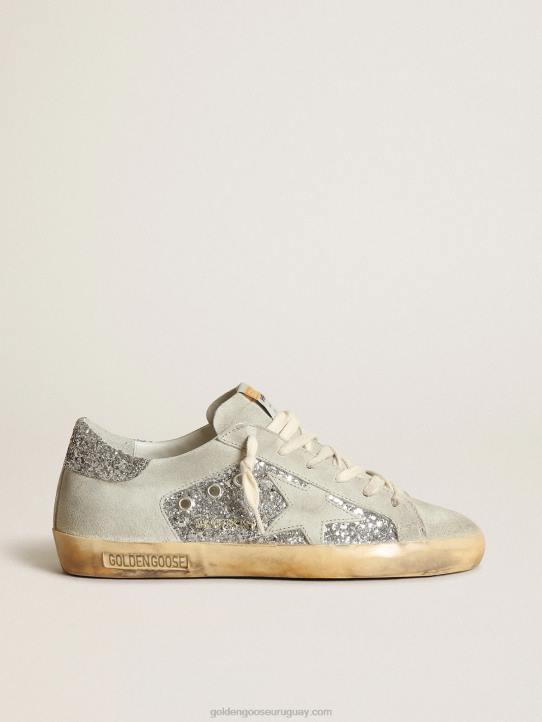 mujer zapatillas super-star en purpurina plateada con estrella e inserciones de ante gris hieloGolden Goose 02H612