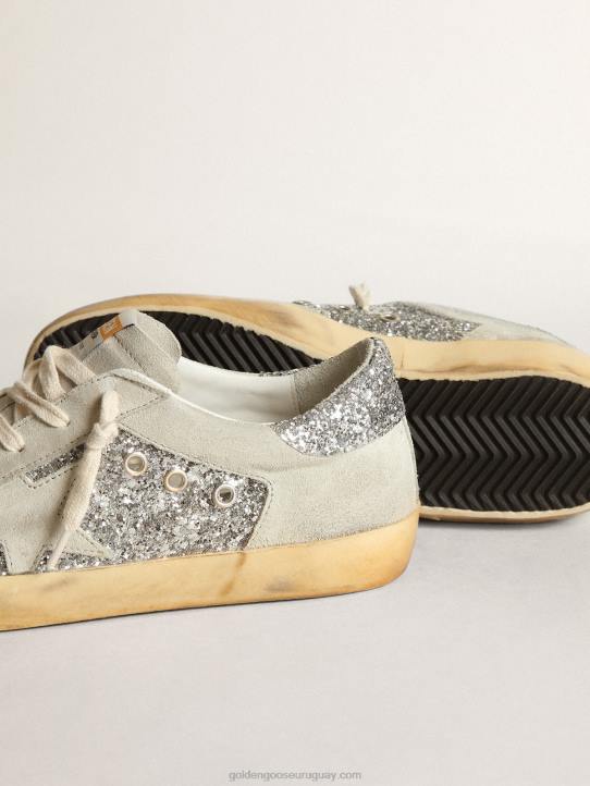 mujer zapatillas super-star en purpurina plateada con estrella e inserciones de ante gris hieloGolden Goose 02H612