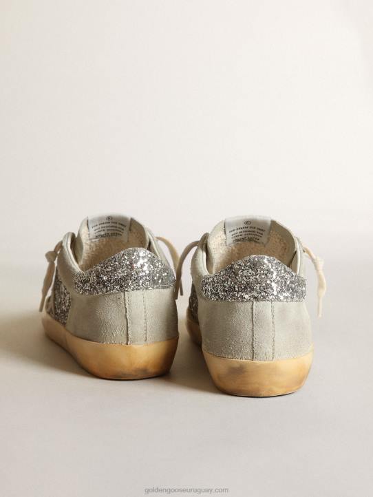 mujer zapatillas super-star en purpurina plateada con estrella e inserciones de ante gris hieloGolden Goose 02H612