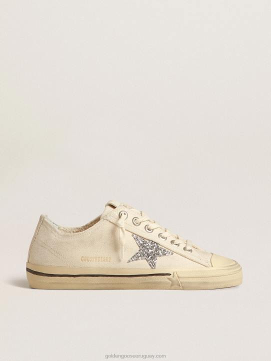 mujer v-star de lona beige con estrella plateada brillanteGolden Goose 02H6157
