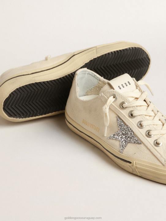 mujer v-star de lona beige con estrella plateada brillanteGolden Goose 02H6157