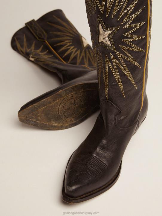 mujer botas wish star de piel negra con estrella incrustada de piel laminada platinoGolden Goose 02H6431