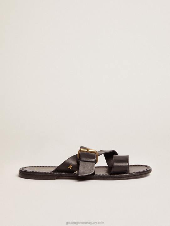 mujer Sandalias planas margaret de piel resinada color negroGolden Goose 02H6433