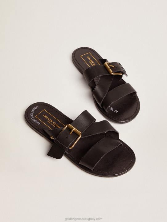 mujer Sandalias planas margaret de piel resinada color negroGolden Goose 02H6433