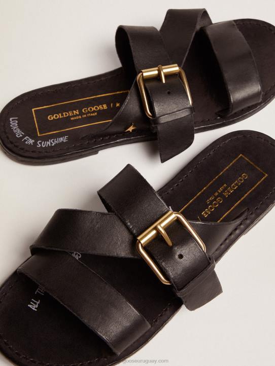 mujer Sandalias planas margaret de piel resinada color negroGolden Goose 02H6433