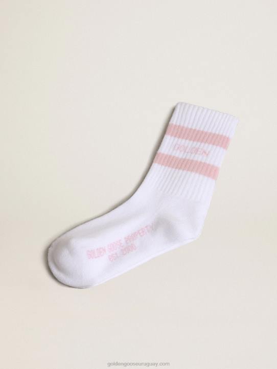 niños calcetines de algodón blanco con rayas rosas y logo de ganso dorado 02H6886