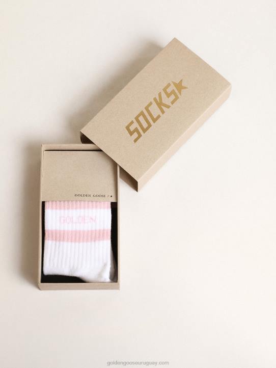 niños calcetines de algodón blanco con rayas rosas y logo de ganso dorado 02H6886