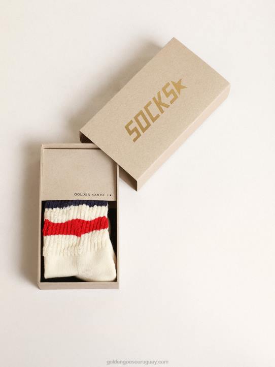 niños calcetines de algodón blanco con acabado envejecido y rayas rojas y azul marinoGolden Goose 02H6883