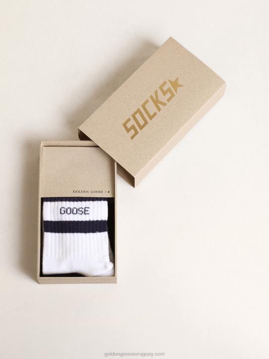 niños calcetines de algodón blanco con rayas azul marino y logo golden goose 02H6878