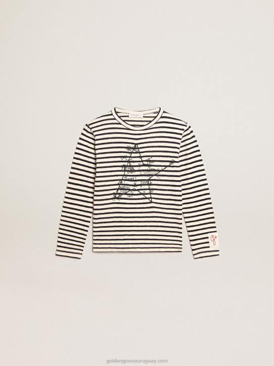 camiseta de niño con rayas blancas y azules y bordado en la parte delanteraGolden Goose 02H6908