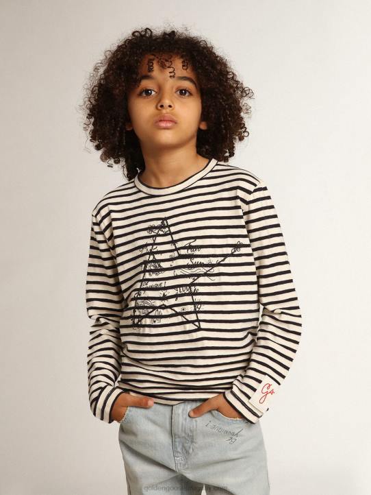 camiseta de niño con rayas blancas y azules y bordado en la parte delanteraGolden Goose 02H6908